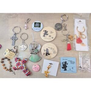 Vtg to Mod Religious Keychains Buttons Misc Lot 16pcs Catholic Goth Angel Rosary